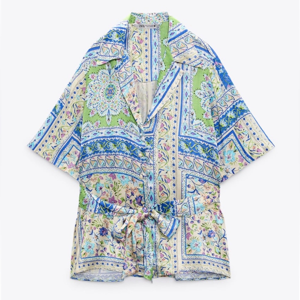 ZARA BOHEMIAN BELTED PRINT BLOUSE BLUE SIZE XS NWT